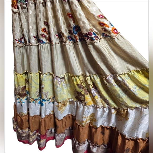 Silk Smocked Patchwork Colorful Tiered Maxi Dress Kathmandu Imports Boho XS/S - Picture 2 of 8
